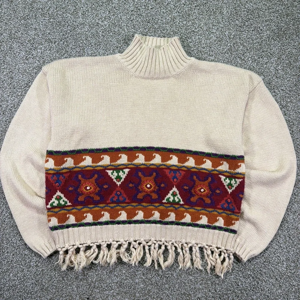 Vintage Southwest Aztec Fringe Eagle Eye Turtle Neck Sweater 1994 Classic
